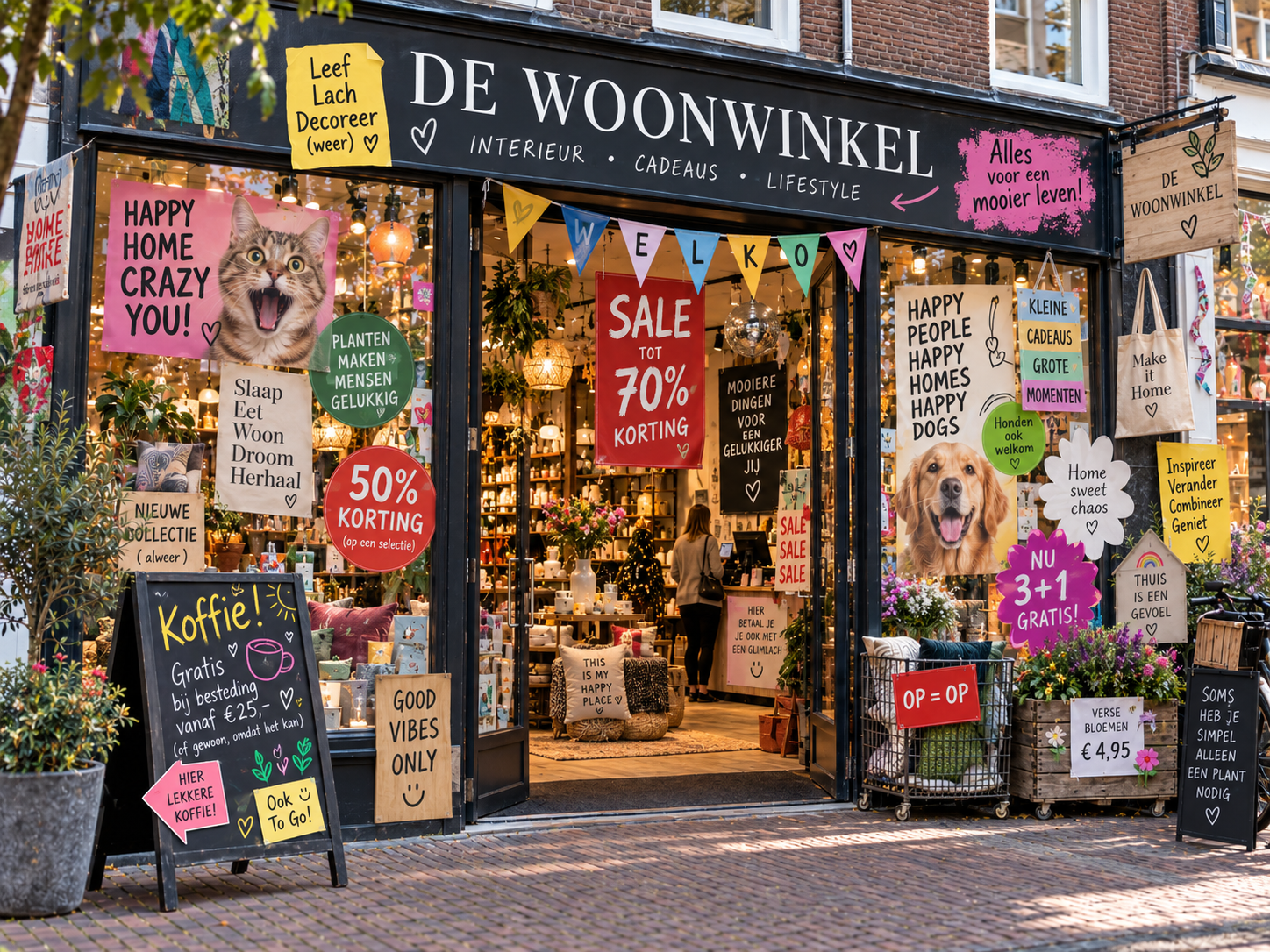 Winkel met extreem onsamenhangende posters etalage stoepbord displays en winkelcommunicatie in verschillende stijlen