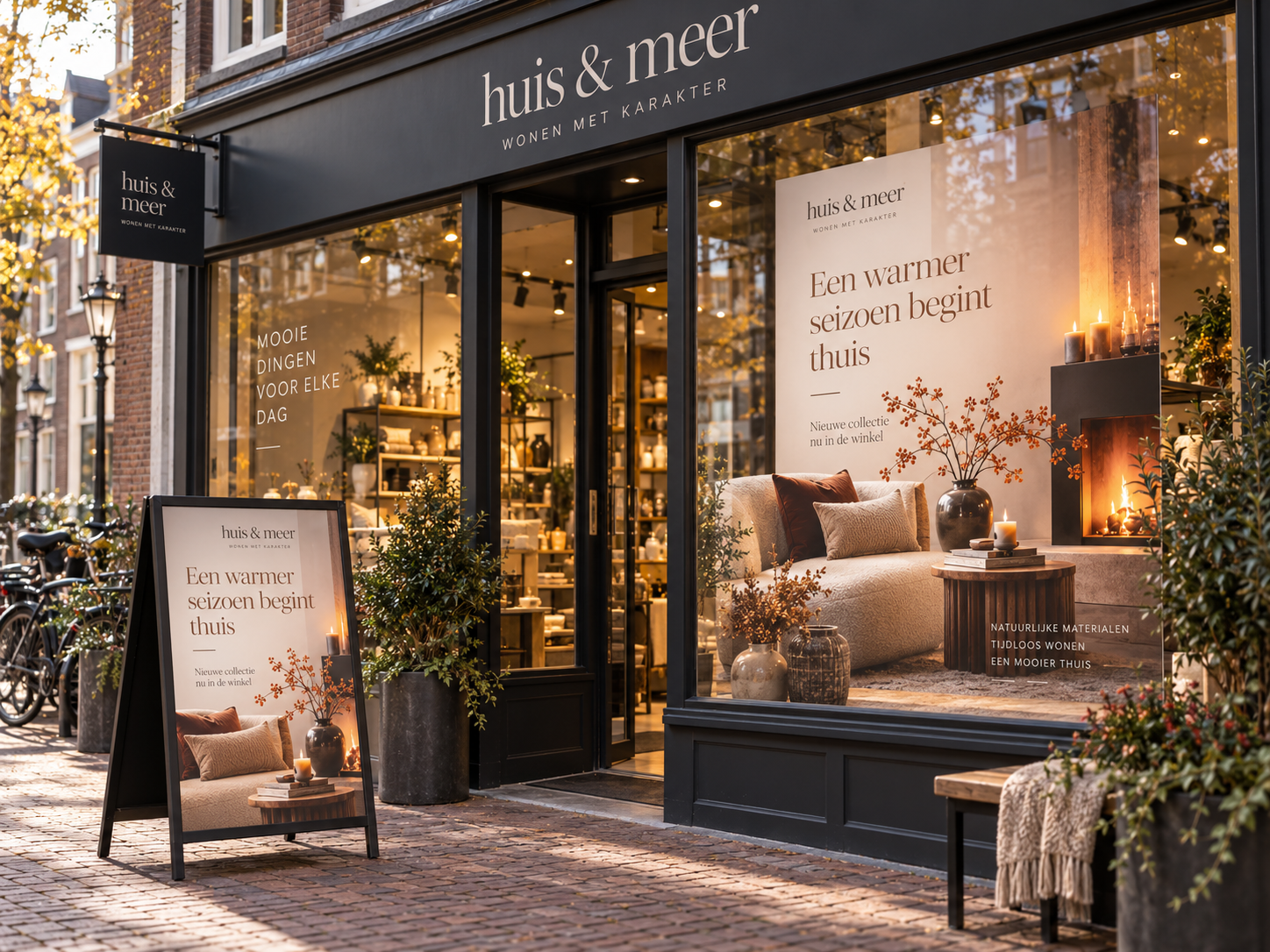 Moderne Nederlandse winkel met professioneel stoepbord en consistente etalagecampagne