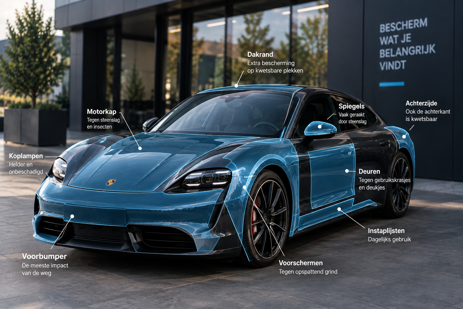 Premium auto met visueel aangeduide kwetsbare zones voor XPEL lakbescherming